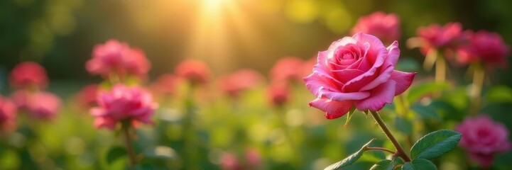 Fresh roses in a garden with sunlight filtering through, fresh roses garden,