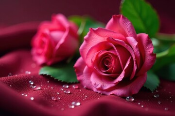 Freshly picked roses glisten with dew drops on a velvet cloth, foliage, still life, flowers