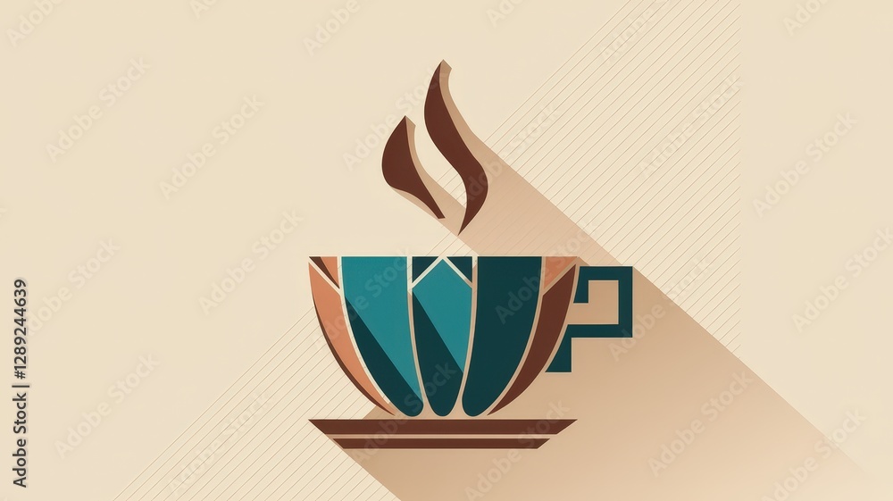 Poster geometric abstract illustration of a steaming coffee cup with dynamic shadows and textured backgroun