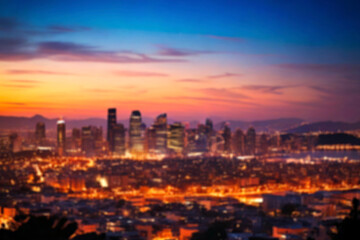 Fototapeta premium The lights of the night city. Blurred background. Lanterns on the street. big city lights in the twilight evening with blurring. Colorful circles of light abstract. circular bokeh on blue horizon.