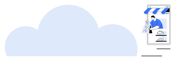 Light blue cloud, phone screen with storefront awning, person managing online shop with digital tools. Ideal for e-commerce, digital business, cloud computing, marketplaces, virtual stores, retail