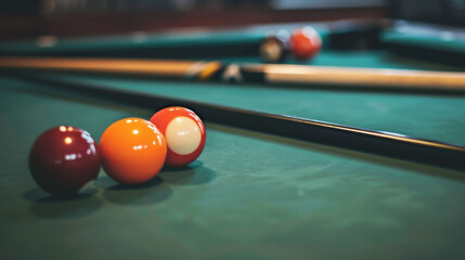 billiard table with balls and cues