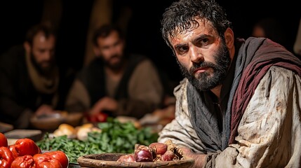 A man looks up at the viewer from a table of food