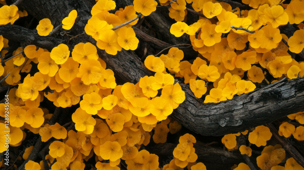 Poster bright yellow flower cluster on rustic wood texture for nature design