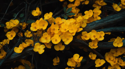 Fototapeta premium Vibrant yellow flowers clustered on rustic wood texture for nature art decor