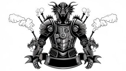 Obraz premium Steampunk warrior in intricate armor with dragon motifs and smoke