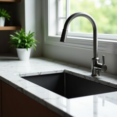 Contemporary kitchen sink; granite & faucet detail, chrome, clean