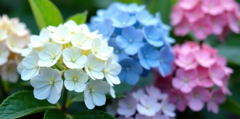 Naklejka premium Delicate white, blue, and pink hydrangeas in full bloom , vibrant, hydrangea