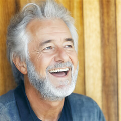 A mature man with a beard smiling joyfully, expressing contentment. The image radiates warmth, reflecting happiness and peaceful living.