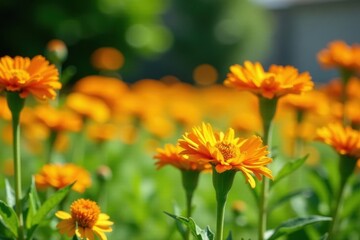 Sunny garden scene with blooming orange calendula and marigold flowers, nature, green grass