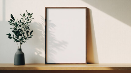 Mock up a blank white poster frame placed on a floating shelf in a Scandinavian-style home, light bouncing off the glass, shadows of plants swaying, minimalist and organic decor, warm wooden floors.