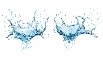Water splashing vector set, blue aqua drops, realistic fluid motion, natural water elements, transparent splash, pure liquid design, dynamic wave effect, fresh clean water