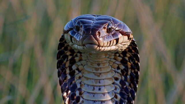 Slow Motion Cobra Standing Still in a Field &ndash; Majestic Hooded Snake in Alert Position, Serpentine Predator in Wild Grassland, Intense Gaze and Poised Stance, Mysterious Reptile, Tranquil Natural