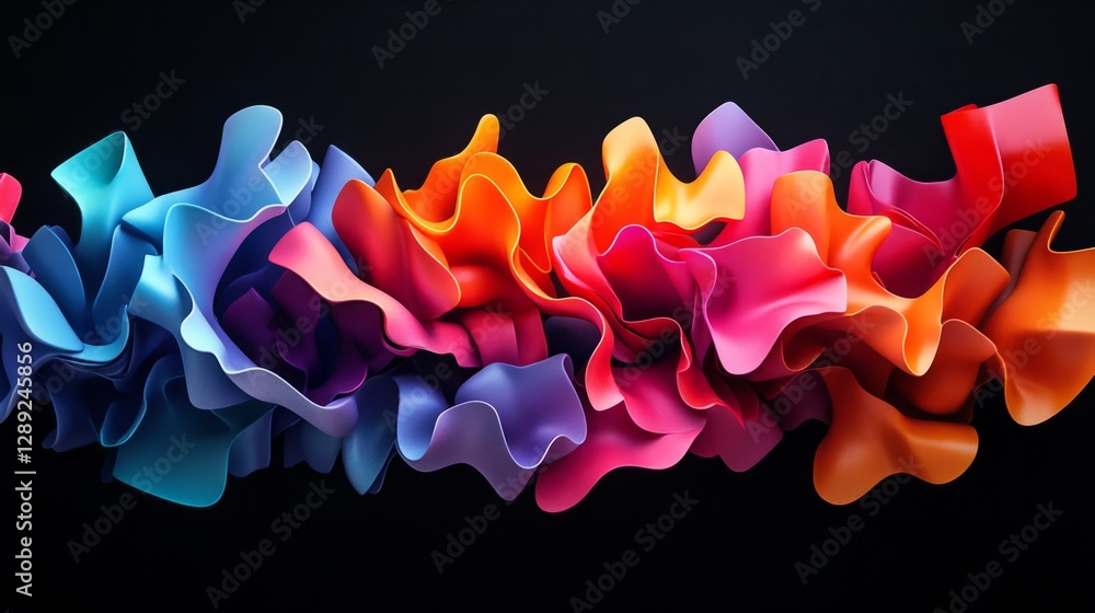Poster abstract and vibrant 3d blocks with complex edges and surfaces, set against a matte black background