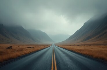 Fototapeta premium Asphalt mountain road with fog, mystical blurry scenery. The highway runs between peaks covered by clouds. Car travel destination, transportation background. Nobody around. Adventure trip.