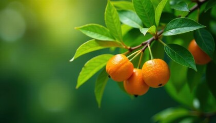 Lush green leaves surround vibrant oranges on a tree branch , food, macro