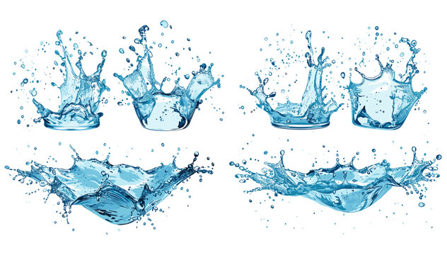 Vector set of fresh water splashing, blue liquid waves, natural aqua drops, transparent splash effect, water motion graphics, realistic fluid design, clean clear drops