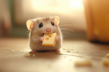 A hamster is seen on the floor eating a piece of cheese An adorable hamster nibbling on a tiny piece of cheese .