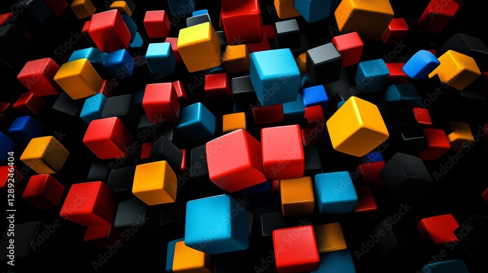 Poster abstract and vibrant 3d blocks with complex edges and surfaces, set against a matte black background