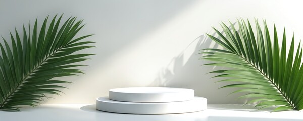 Obraz premium Two-tiered white platform under sunlight for product. Background with palm leaves, cast shadow, copy space. Minimalist design podium for cosmetic, beauty, healthcare, eco product ad campaign. Mockup