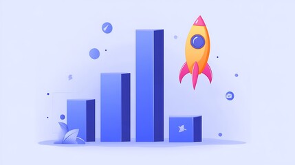 Obraz premium Rocket Launch Over Bar Graph Illustration, Illustration of a rocket launching over a bar graph, symbolizing growth and progress