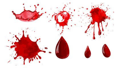 Vector set of red blood drop splash isolated on white or transparent, liquid splatter, medical fluid, plasma drip, hemoglobin, bleeding drop, healthcare graphic