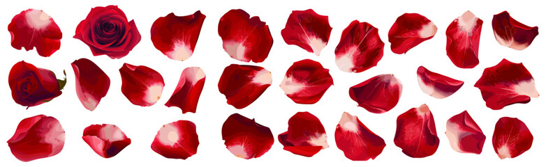 Fototapeta premium Red rose petals vector set, floral elements, blooming roses, natural beauty, botanical illustration, wedding decor, love symbol, Valentine’s Day, nature, isolated, romantic