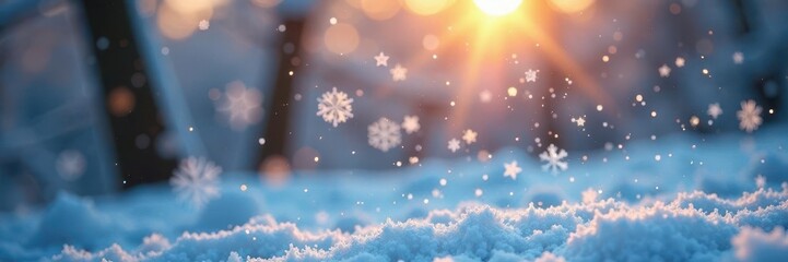 Delicate snowflakes gently falling on a frosty winter morning, sparkling, festive