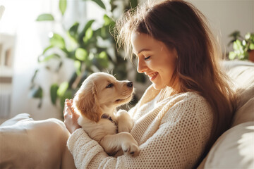 Fototapeta na wymiar A woman lovingly holds her dog in her arms, showcasing affection and care. The image highlights the strong emotional connection between a pet and its owner in a cozy, intimate environment.
