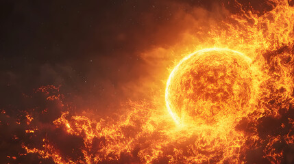 Obraz premium A hyperrealistic image of the sun with enormous plumes of fire and plasma erupting from its core