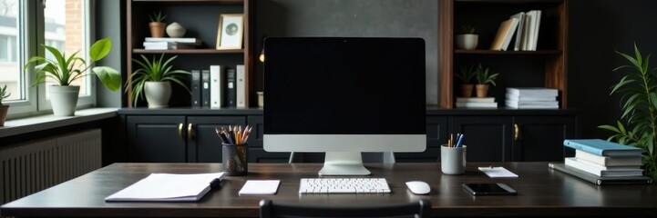 Sleek black leather desk, organized office supplies, ample copy space , branding, top, dark