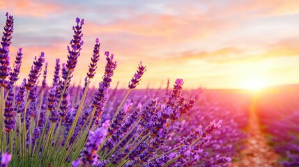 Obraz premium Purple lavender blossoms close up in a rural field during a warm golden sunset.