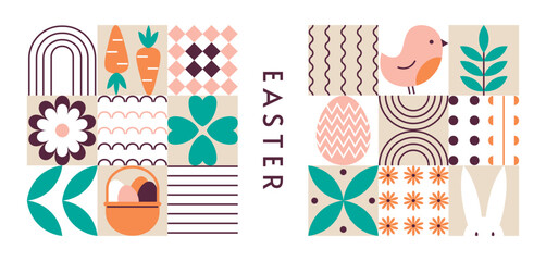 Easter geometric background. Rabbit and basket with eggs. Flowers and plants. Decorative trendy elements. Modern abstract minimalist style. Card, banner, poster. Vector illustration with inscription.