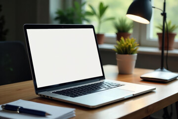 Sleek laptop open on modern desk, stationery, plants , supplies, business