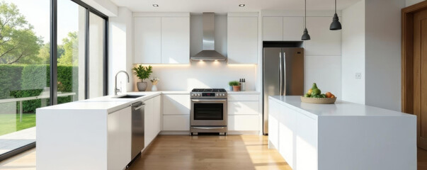 Sleek white cabinets, quartz countertops, stainless steel appliances, breakfast, stainless steel