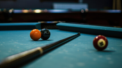 billiard table with balls and cues