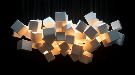 Abstract geometric 3D blocks, illuminated with high contrast light, floating against a dark black backdrop 