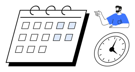 Calendar with marked dates, clock showing specific time, person pointing and planning. Ideal for time management, scheduling, deadlines, organization, planning, productivity efficiency themes