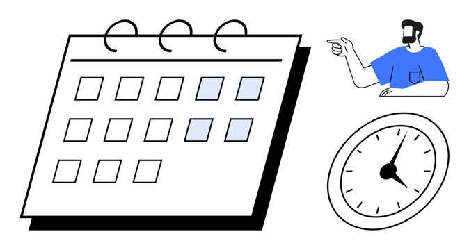 Calendar with marked dates, clock showing specific time, person pointing and planning. Ideal for time management, scheduling, deadlines, organization, planning, productivity efficiency themes