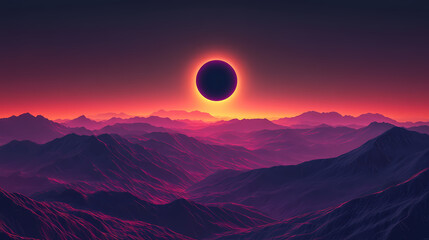 Fototapeta premium Majestic solar eclipse over serene landscape with mountains and rolling hills. Solar Eclipse Over Mountains. Illustration