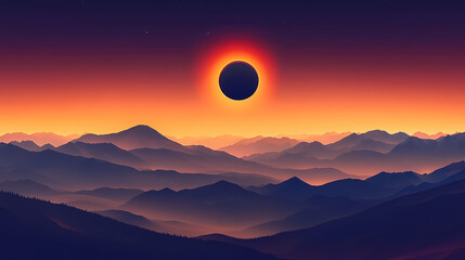 Obraz premium Majestic solar eclipse over serene landscape with silhouetted mountains and rolling hills, solar eclipse. Solar Eclipse Over Mountains. Illustration