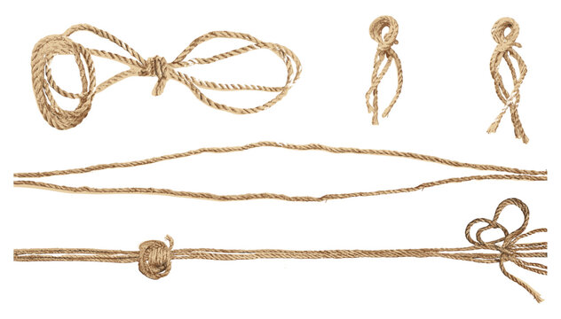 Vector rope bundle, isolated on white, top view, strong fiber rope, twisted cord, hemp string, marine rope, coiled rope, realistic rope loop, braided rope, paracord, cotton rope