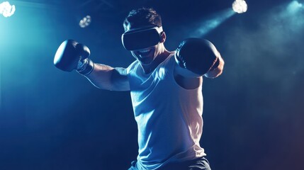 Cheerful man throwing a punch in a VR boxing game.