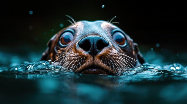 A beautiful seal's face emerges from the water, displaying its expressive eyes and whiskers, creating a connection with viewers amidst bubbles and shimmering reflections.