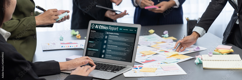 Poster ai ethics responsibility standard law and rules on computer screen provide report of ai ethic transp