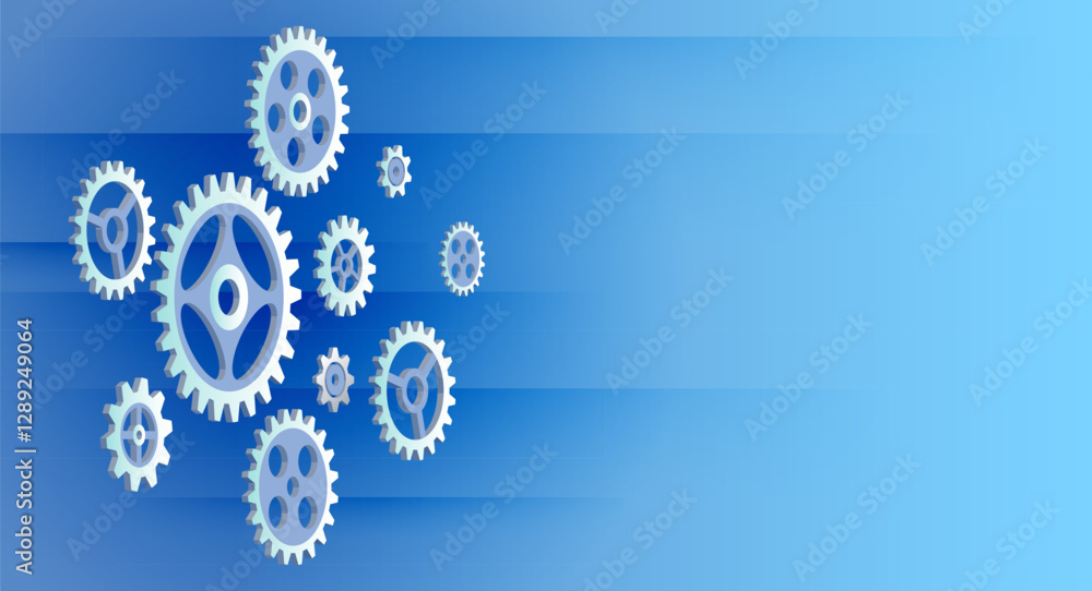 Poster the mechanism consisting of gears on a blue background for the presentation. cogwheel for science ex