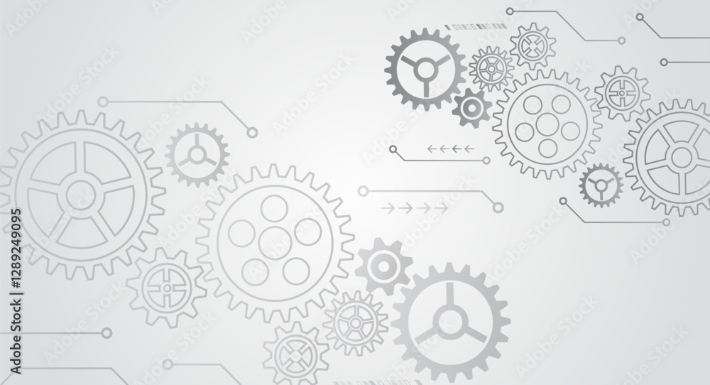 Poster Mechanical engineering concept. Business and industry internet banner. The mechanism consisting of gears on a grey background for the presentation. Cogwheel for science experiment presentation.