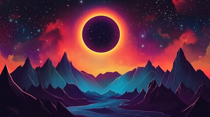 Fototapeta premium Stunning cosmic scene with a solar eclipse over alien mountains and a vibrant galaxy. Solar Eclipse Over Mountains. Illustration