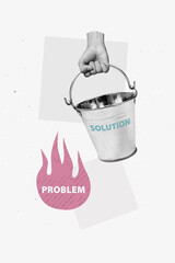 Trend artwork sketch design montage 3D collage of anonymous hand hold metal basket help solution support problem fire overcome obstacle