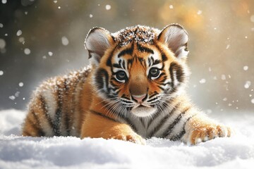 Obraz premium Adorable Tiger Cub Frolicking in Winter Wonderland Snow